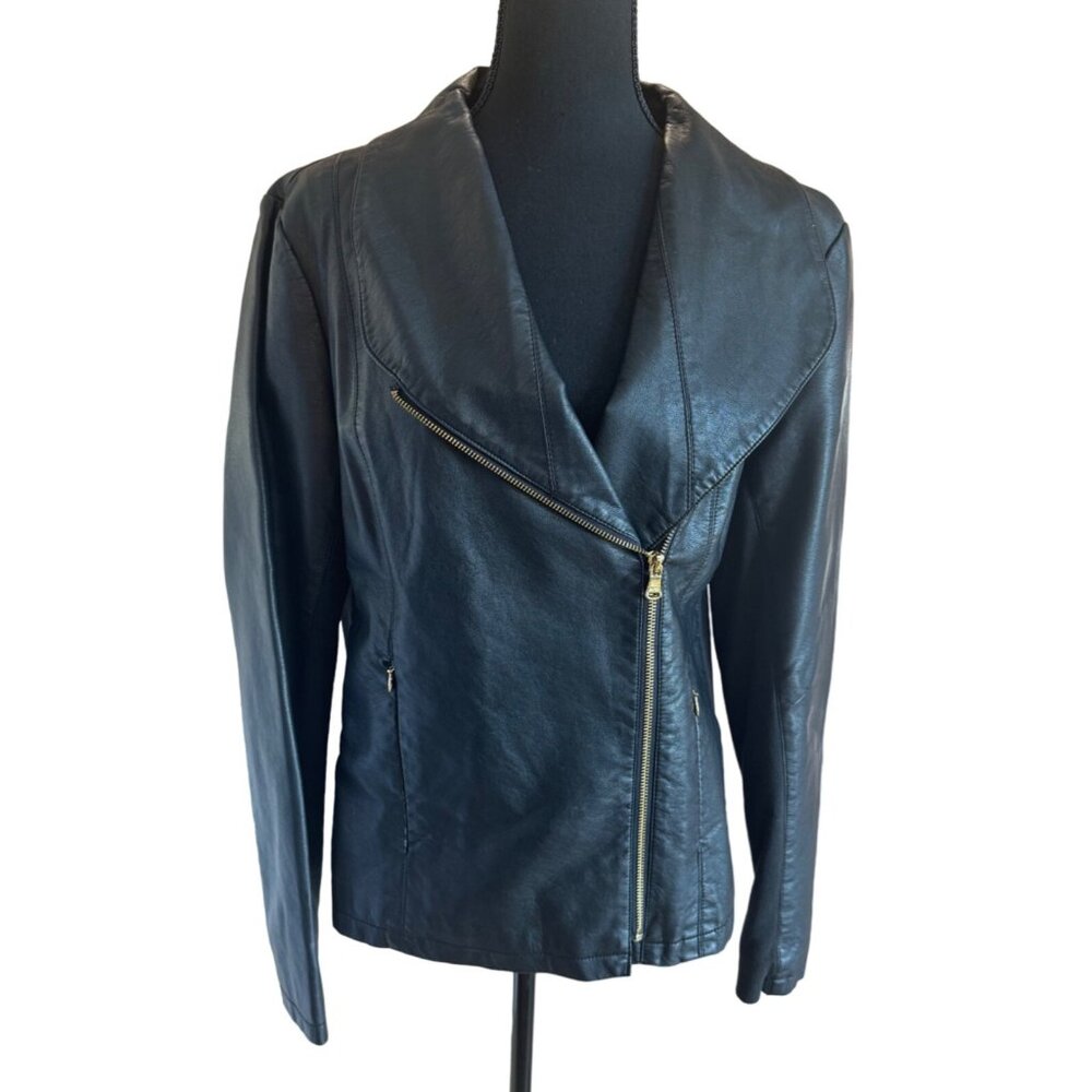 Marc New York Womens Brown Faux Leather Jacket Blazer L Classic Preppy City Glam
